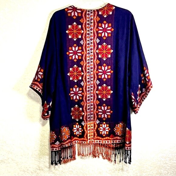 TIME FOR ME Aztec Print Cardigan with Fring Blue/Red Oversized Boho Size S/M - Picture 3 of 10